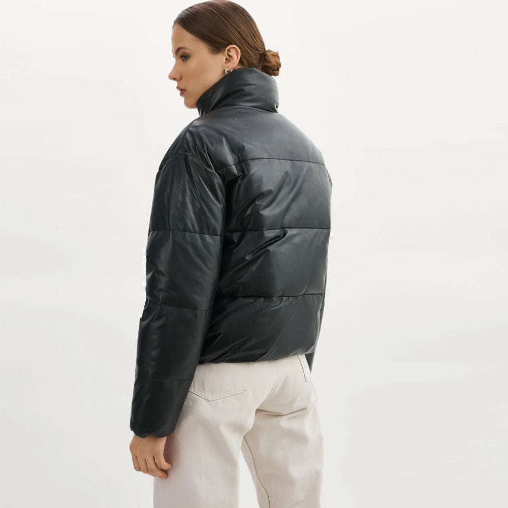 Women Bubble Lambskin Puffer Leather V-Bomber Jacket