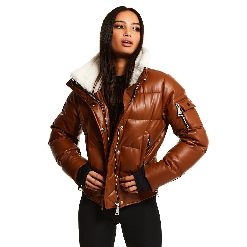Women Brown Bubble Fur Sheepskin Leather V-Bomber Jacket