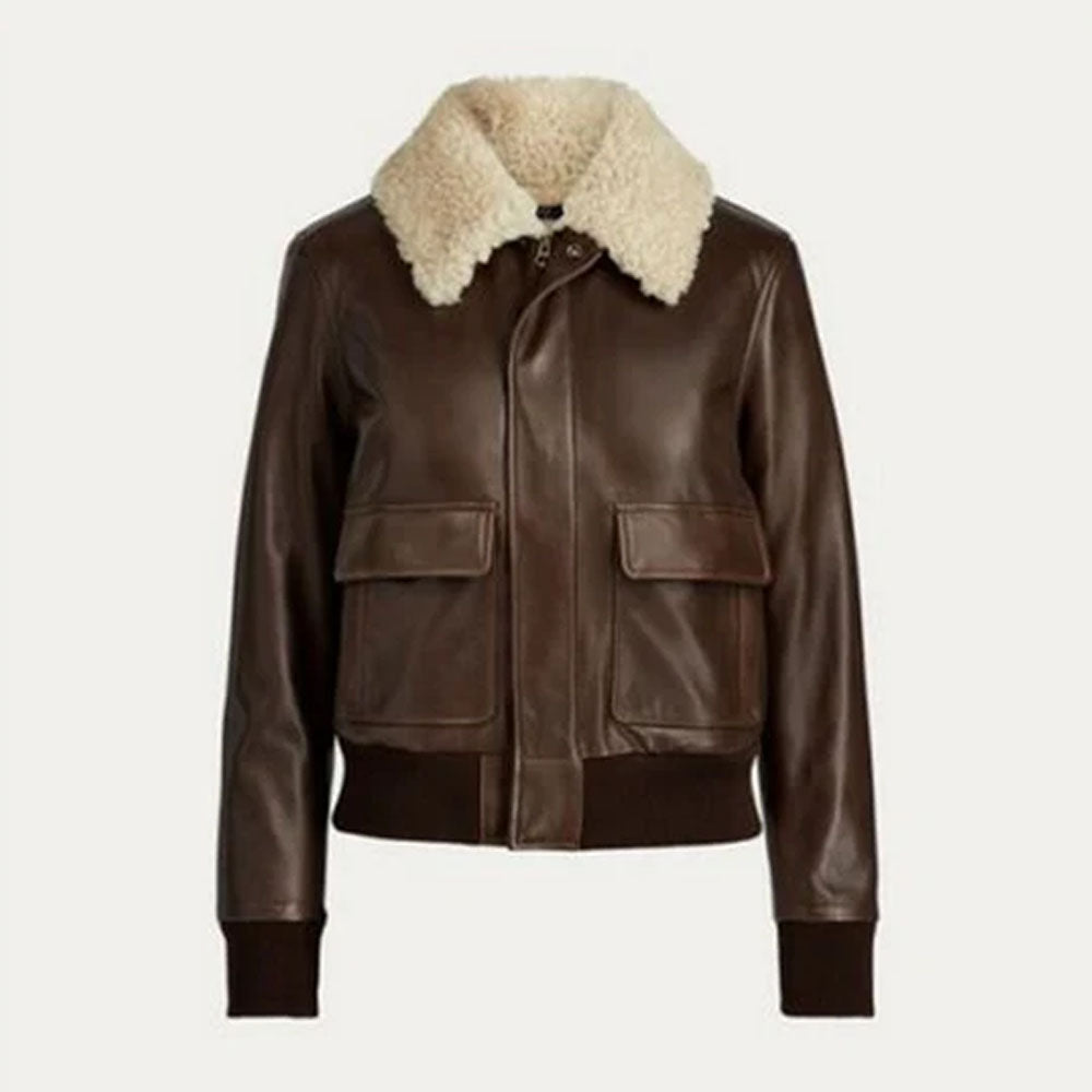 Brown Women Bomber Aviator Fur Collar Lambskin Motorcycle Shearling Leather Jacket