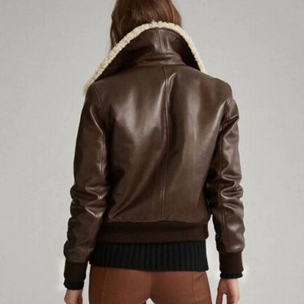 Brown Women Bomber Aviator Fur Lambskin Motorcycle Shearling Leather Jacket