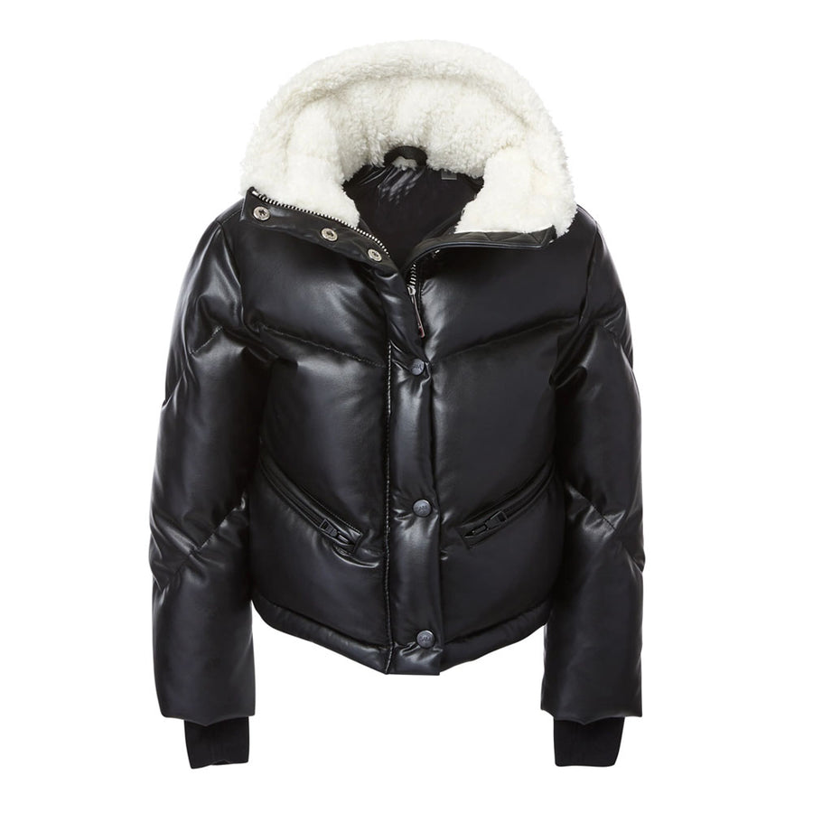 Women's black leather V-bomber jacket with bubble puffer body and fur collar