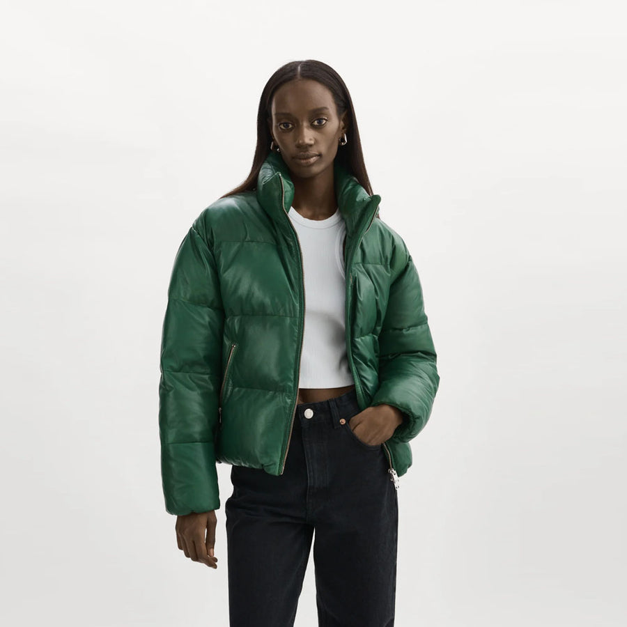 Women's green lambskin leather V-bomber jacket in a bubble puffer style