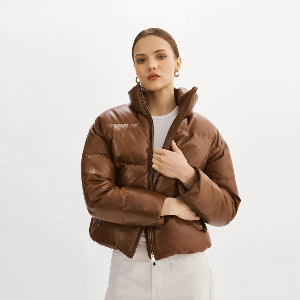 Women Bubble Brown V-Bomber Puffer Lambskin Leather Jacket