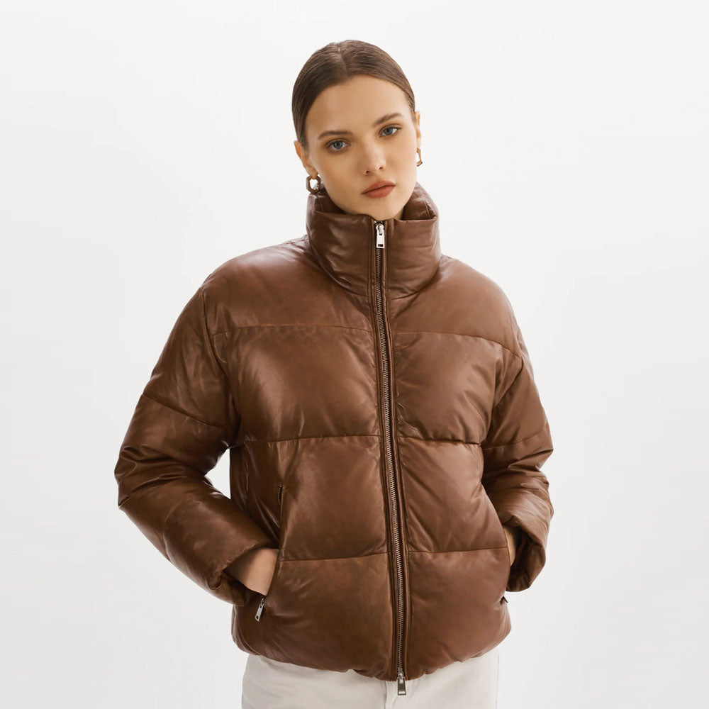 Women Bubble Brown V-Bomber Lambskin Leather Jacket
