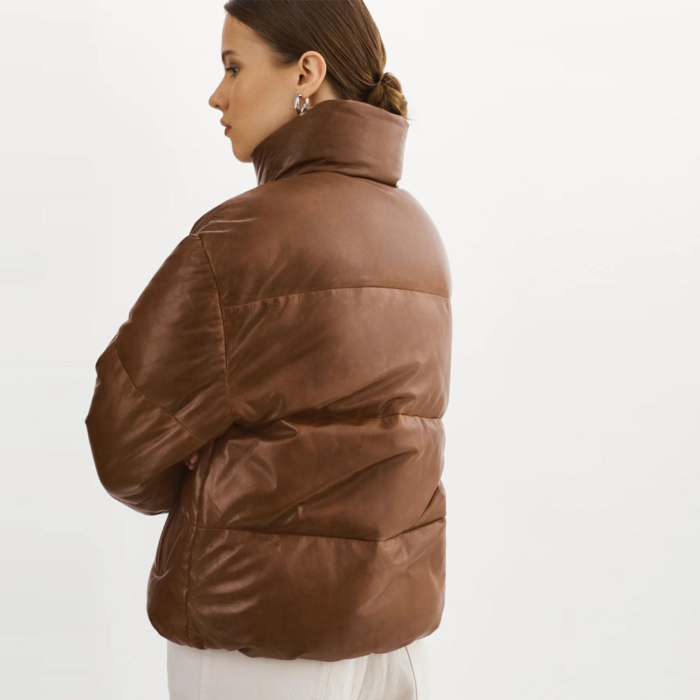 Women Bubble Brown V-Bomber Puffer Leather Jacket