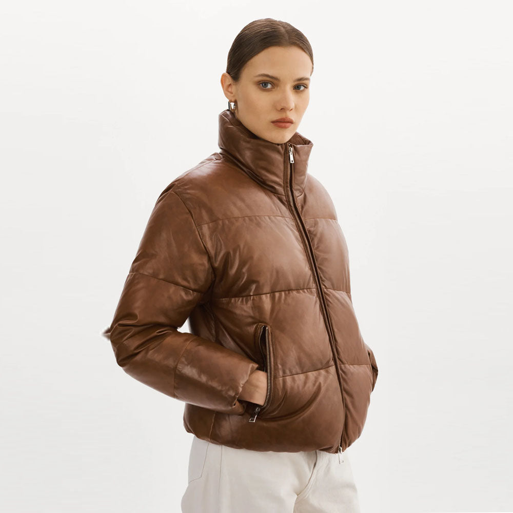Bubble Brown V-Bomber Puffer Lambskin Leather Jacket