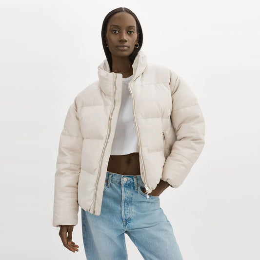 Women Bone White Bubble Sheepskin V-Bomber Puffer Leather Jacket