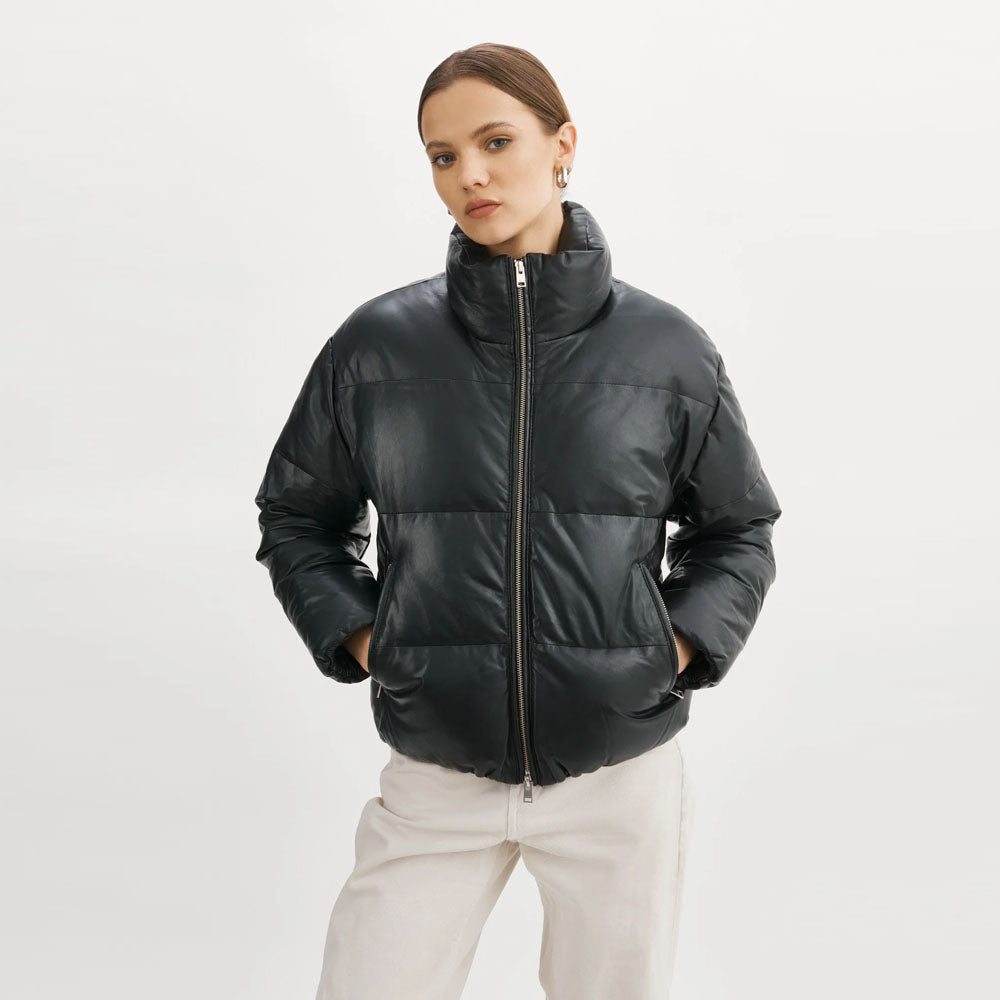 Women black Bubble Lambskin Leather V-Bomber Jacket