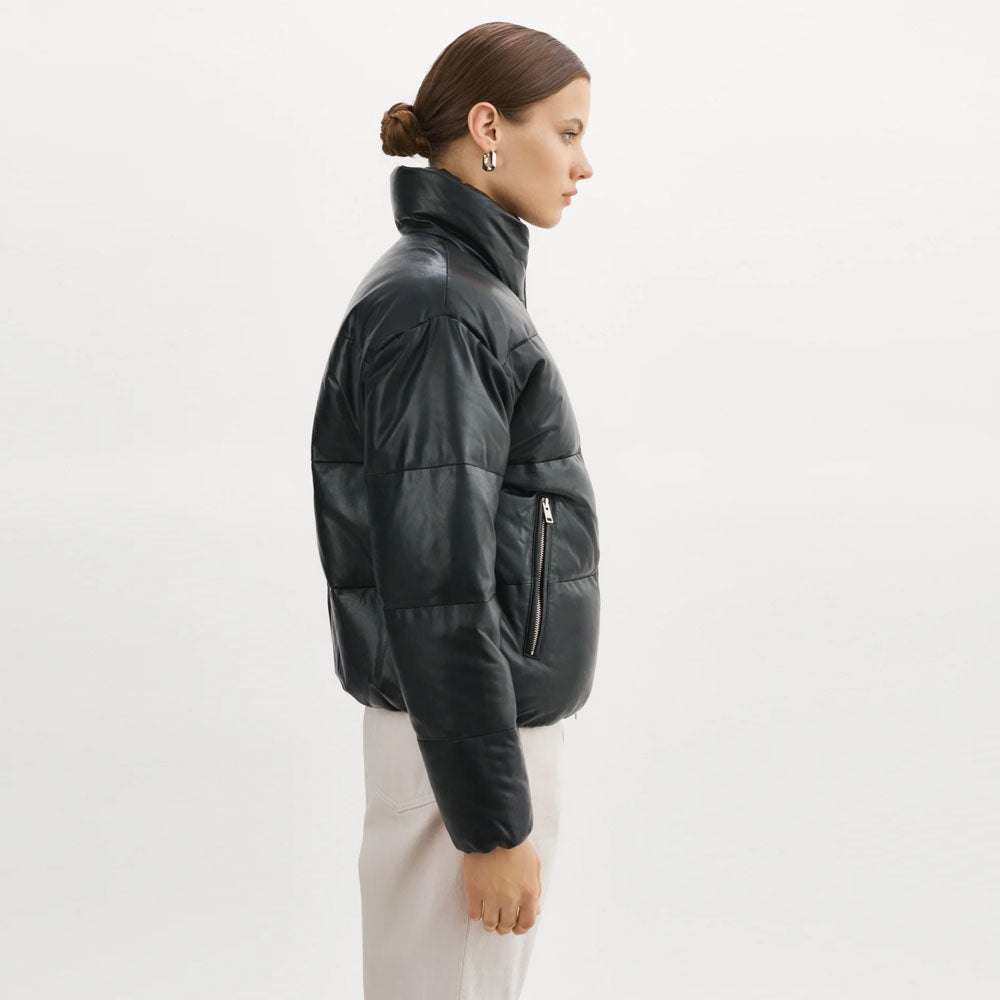 Women black Bubble Puffer Leather V-Bomber Jacket