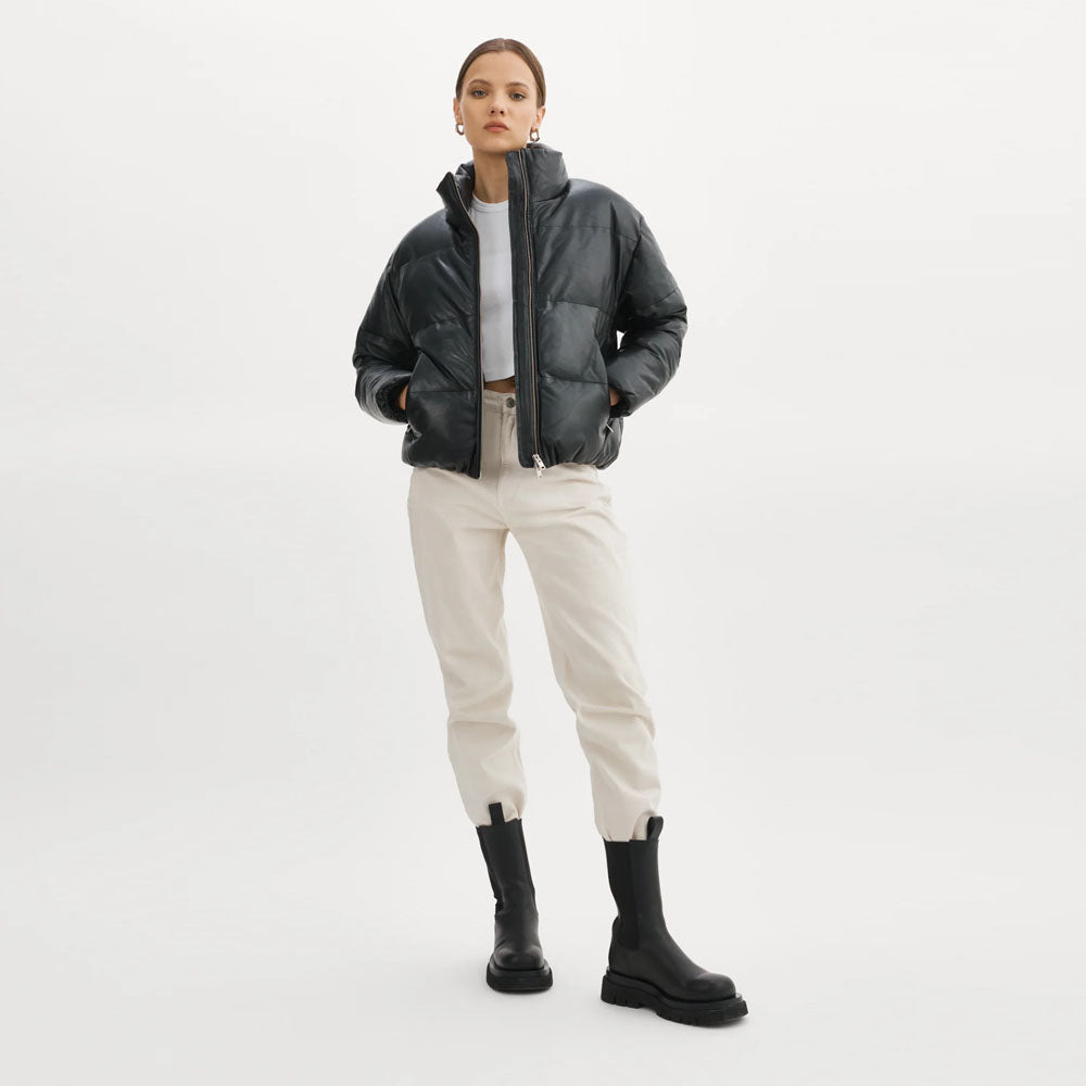 Women black Lambskin Puffer Leather V-Bomber Jacket