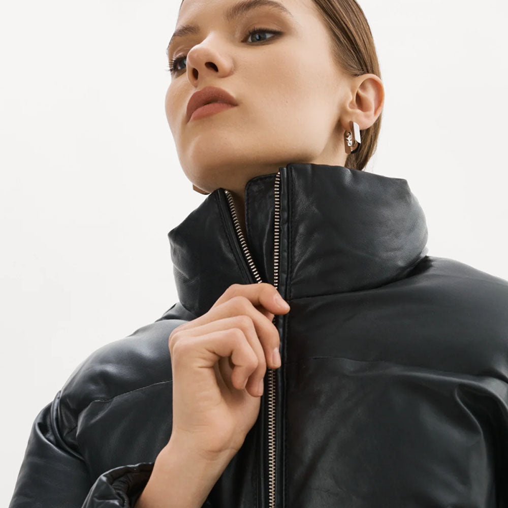 black Bubble Lambskin Puffer Leather V-Bomber Jacket