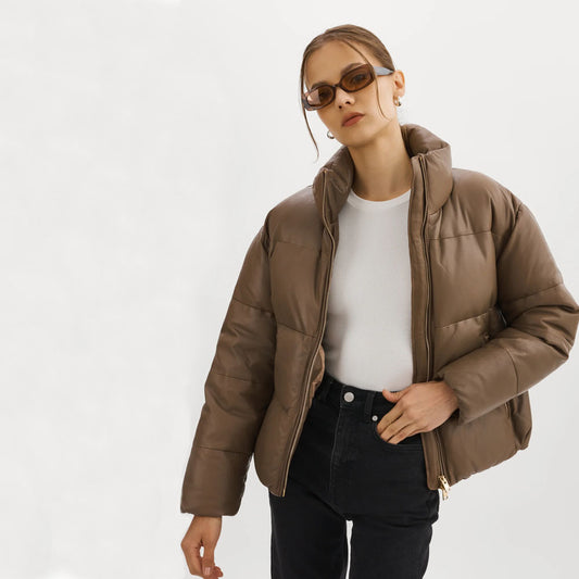 Women Brown Lambskin Puffer Bubble Leather V-Bomber Jacket