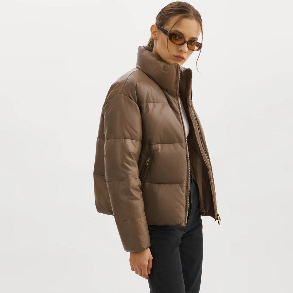 Women Brown Lambskin Bubble Leather V-Bomber Jacket