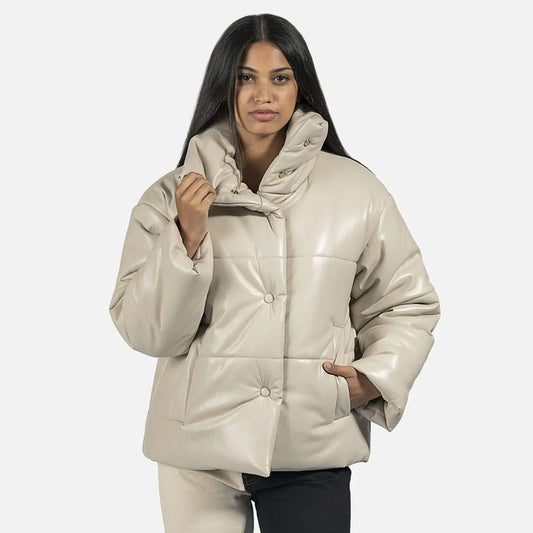 Women Cream Sheepskin Bubble Puffer Leather V-Bomber Leather Jacket