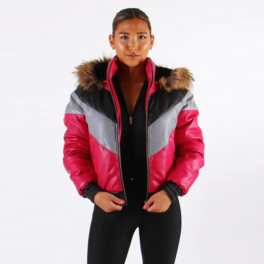 Women's faux leather V-bomber jacket with bubble puffer shape and faux fur hood