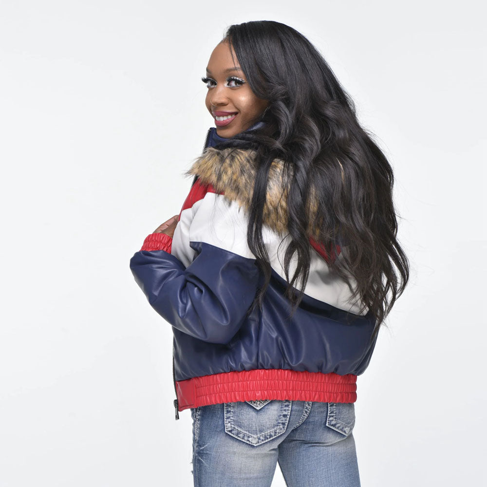Faux Fur Hood Multi Colored V-Bomber Leather Jacket