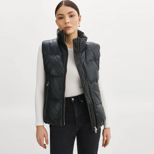 Women Black Bubble Sheepskin Puffer Leather V-Bomber Vest
