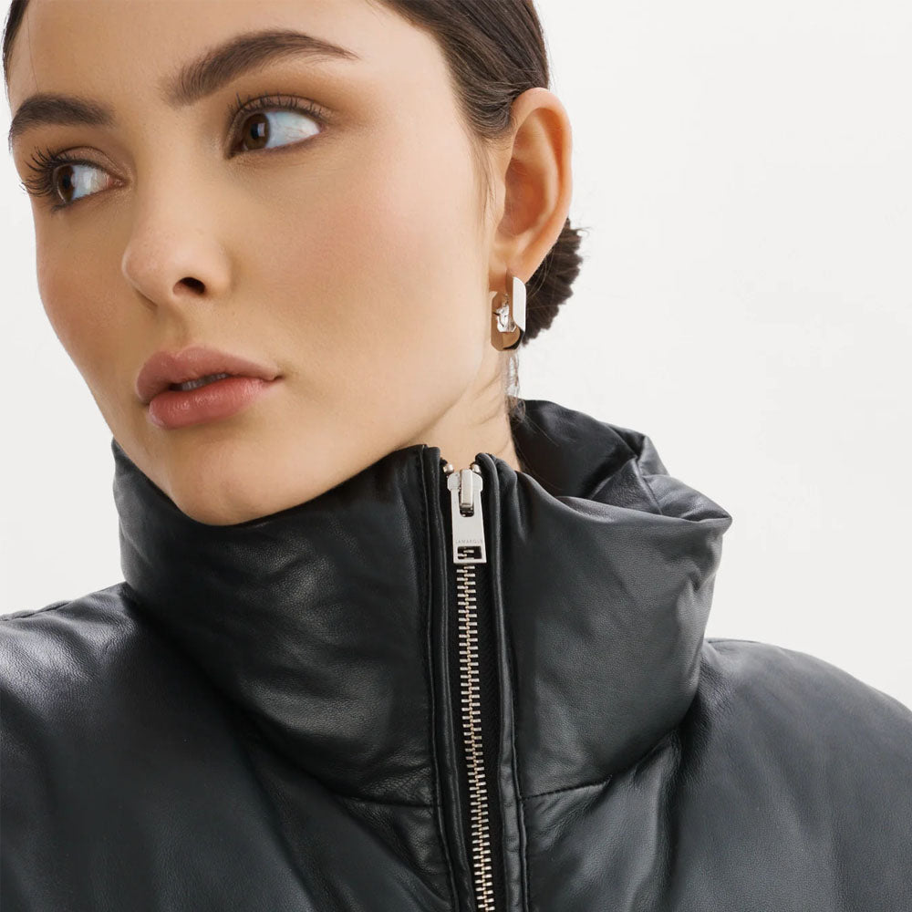 Women Black Bubble Puffer Leather V-Bomber Vest