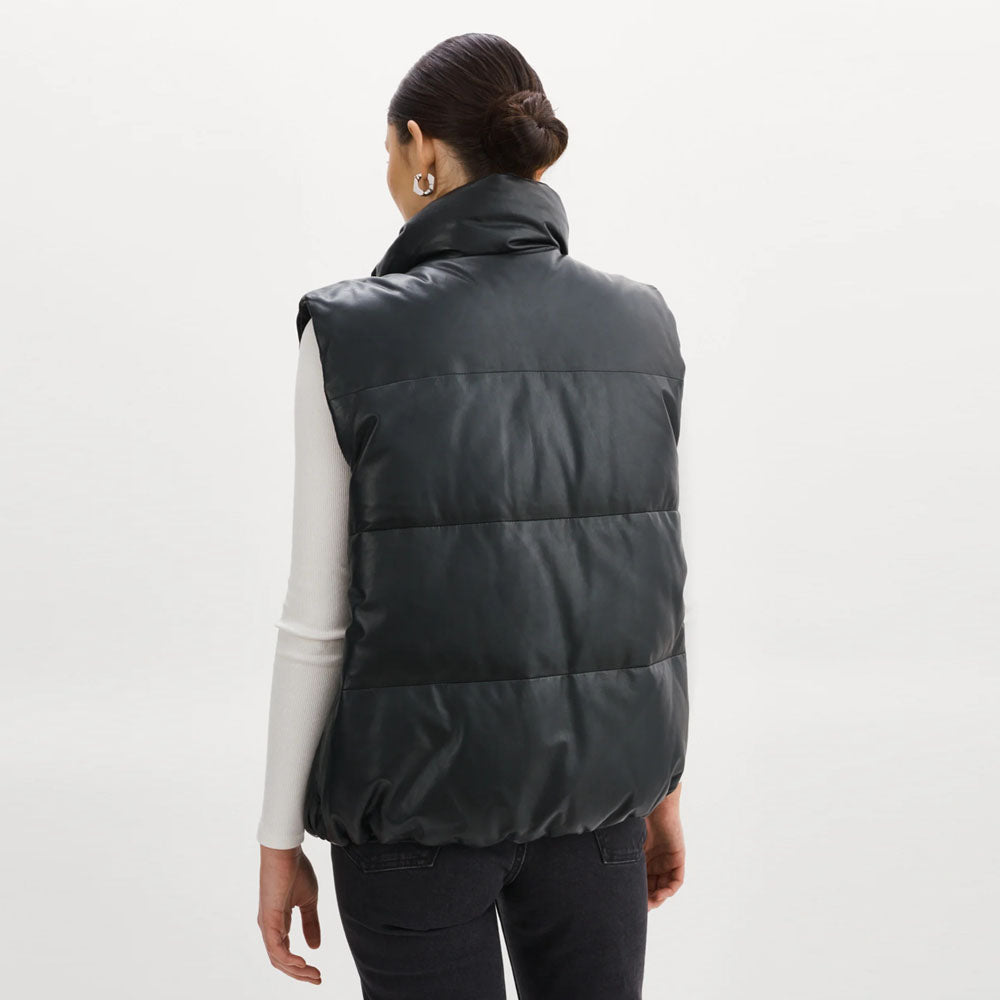 Black Bubble Sheepskin Puffer Leather V-Bomber Vest