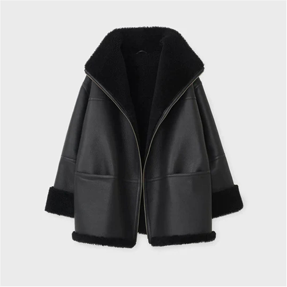 Women Black Aviator Fur Collar B3 Flight Sheepskin RAF Shearling Leather Jacket