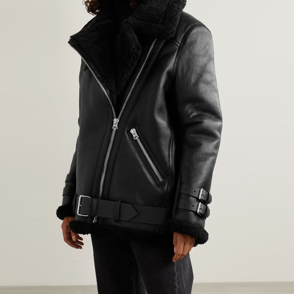 Women Black Aviator Fur Belted Sheepskin Shearling Leather Jacket