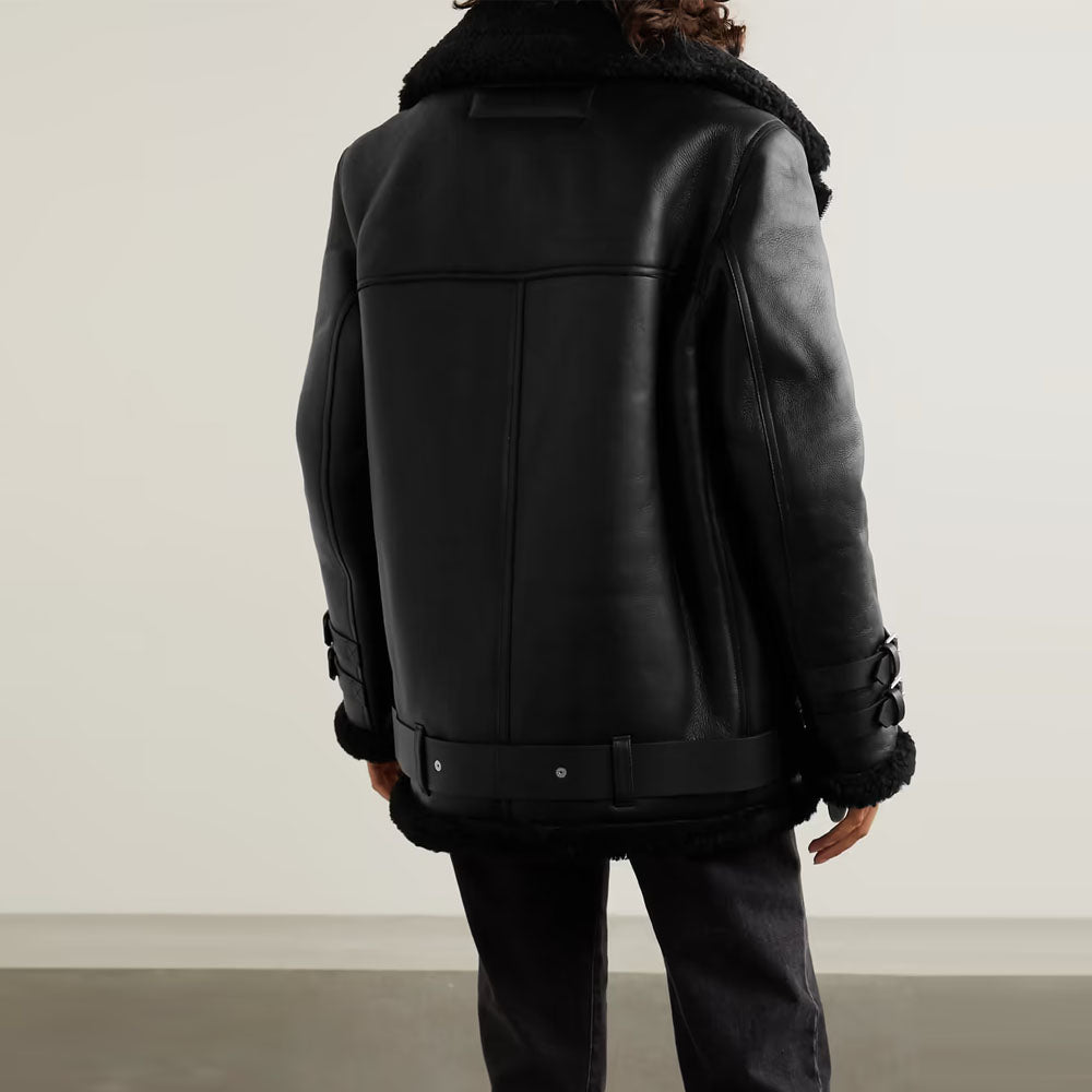Black Aviator Fur Belted Sheepskin Flight Shearling Leather Jacket