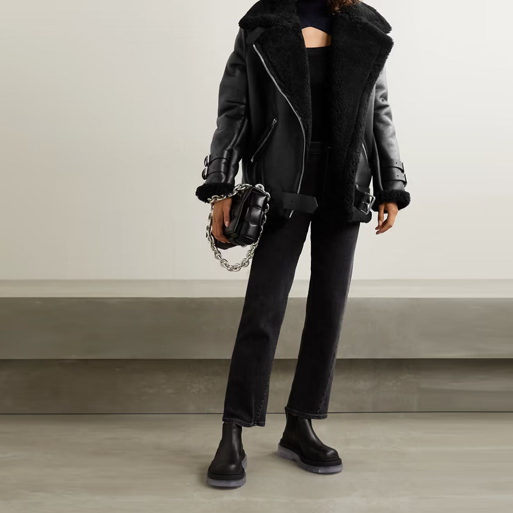 Women Aviator Fur Belted Sheepskin Flight Shearling Leather Jacket
