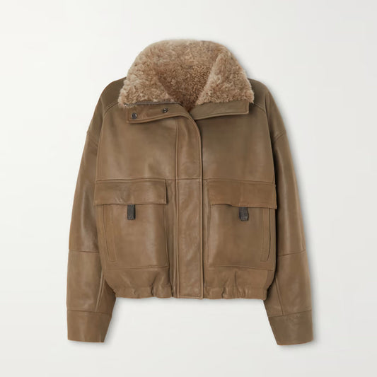 Brown Women Shearling Flying Aviator RAF Sheepskin Leather Jacket