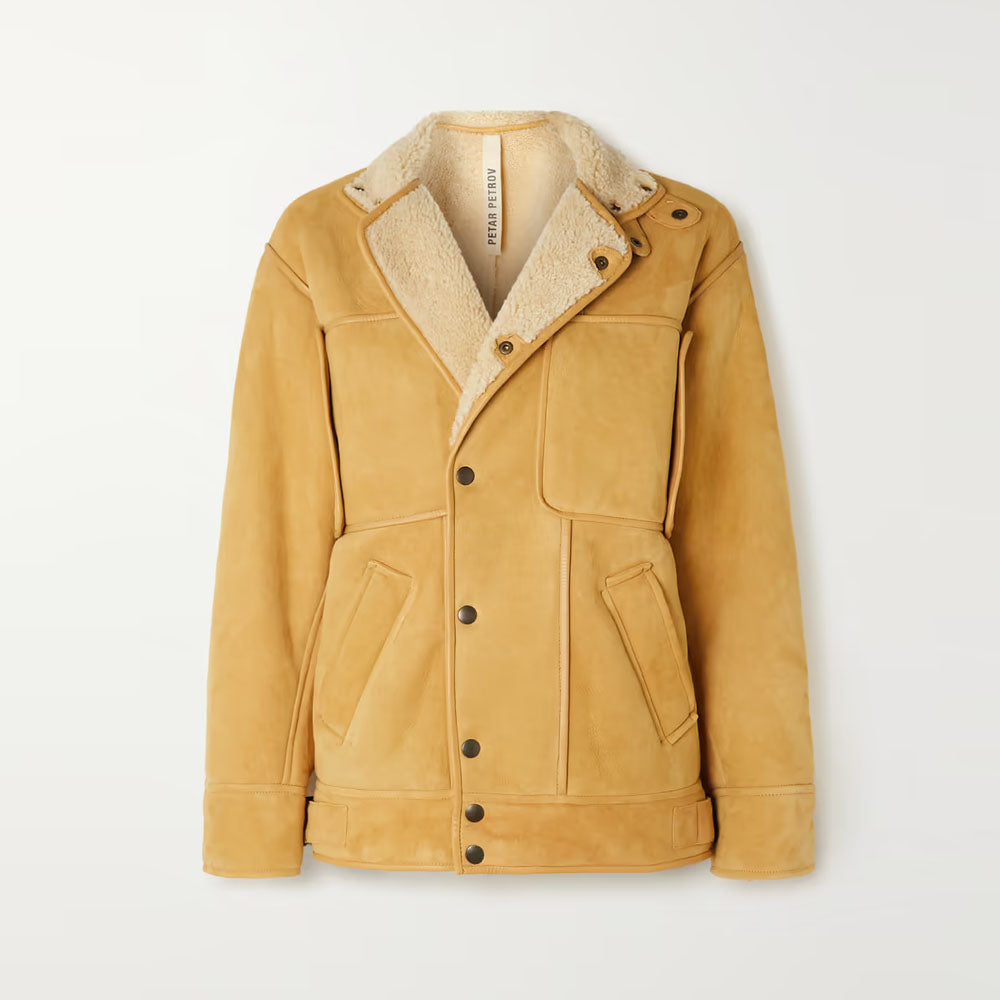 Women Brown Sheepskin Aviator Fur Collar RAF Shearling Leather Jacket