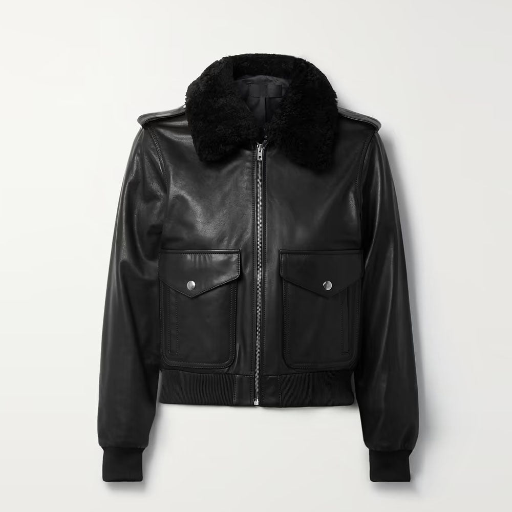 Wome Black Trimmed Bomber Fur Collar Sheepskin B3 Shearling Leaher Jacket