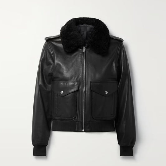 Wome Black Trimmed Bomber Fur Collar Sheepskin B3 Shearling Leaher Jacket
