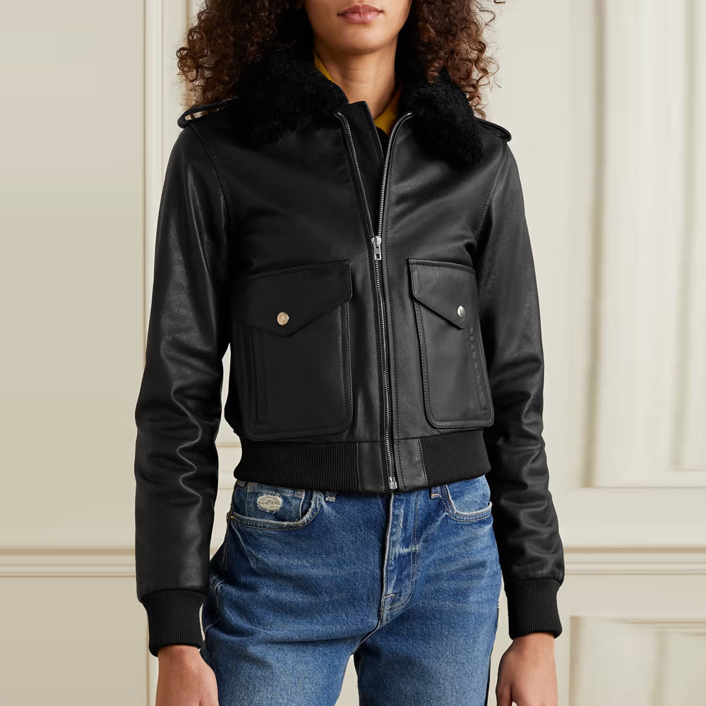 Wome Black Trimmed Bomber Fur Collar Sheepskin Shearling Leaher Jacket