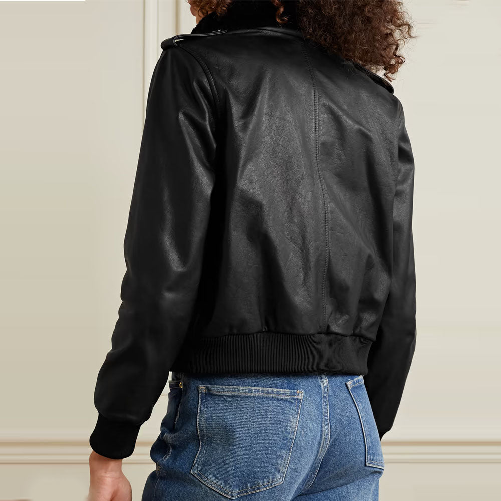 Wome Black Trimmed Bomber Fur Sheepskin B3 Shearling Leaher Jacket