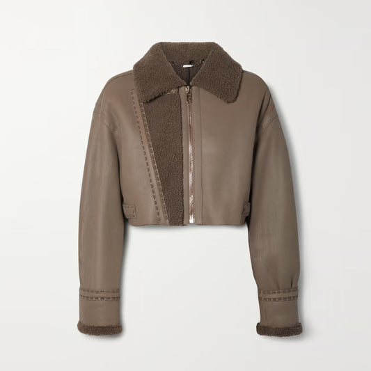 Women Green Shearling Flight Aviator Cropped Sheepskin Leather Jacket