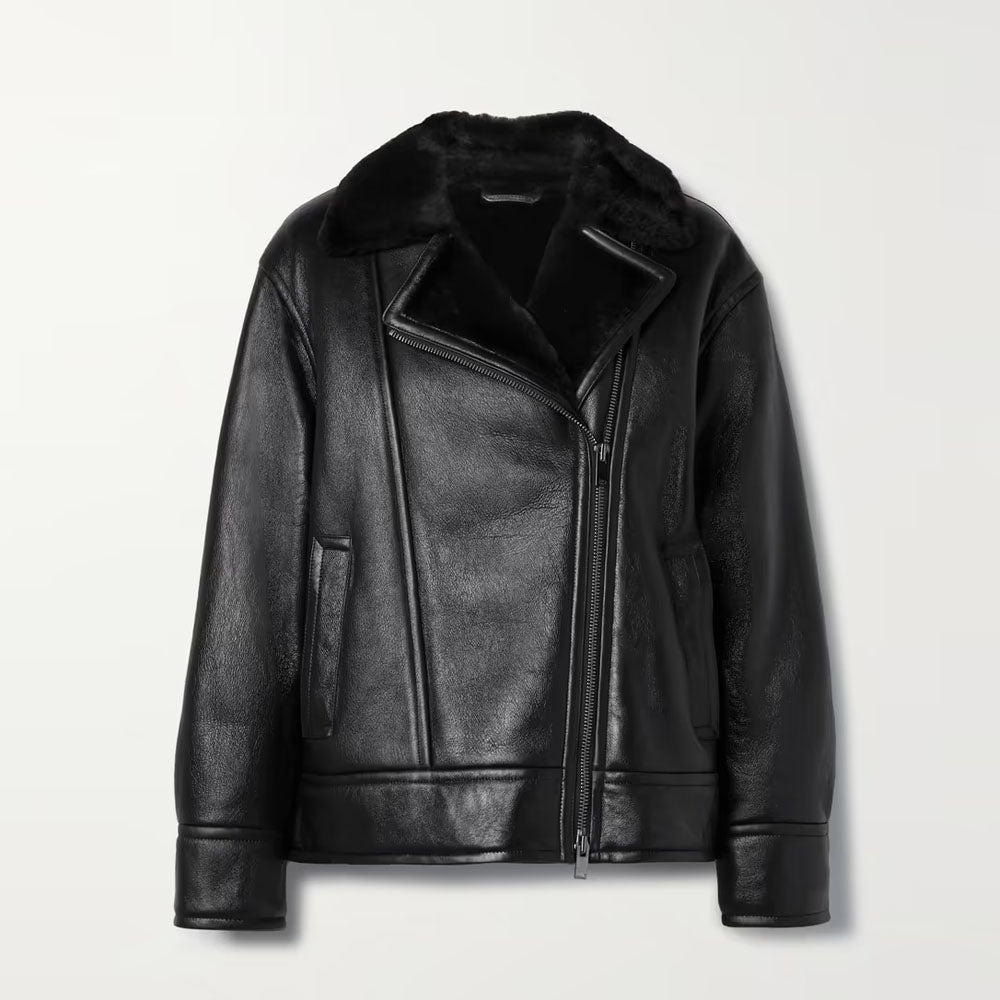 Women Black Sheepskin Fur Aviator Airforce Shearling Leather Jacket