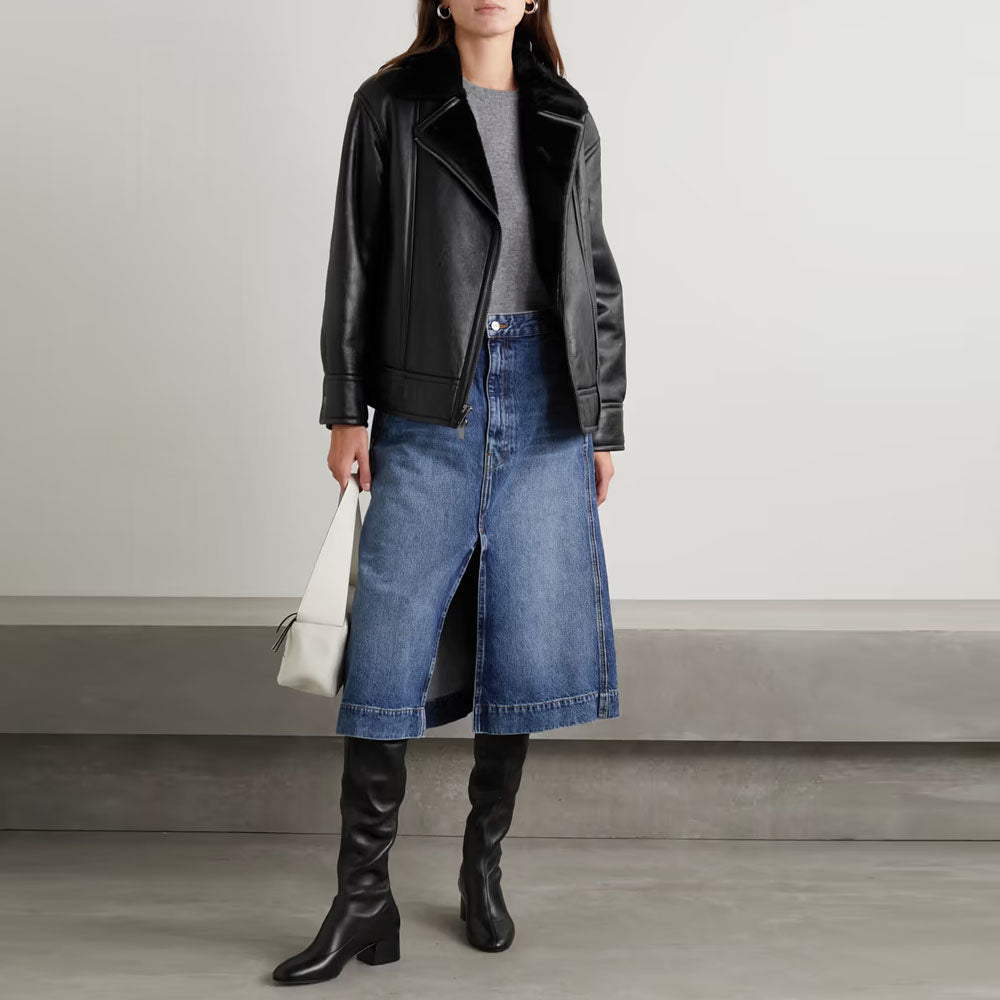 Women Black Sheepskin Fur Aviator Shearling Leather Jacket