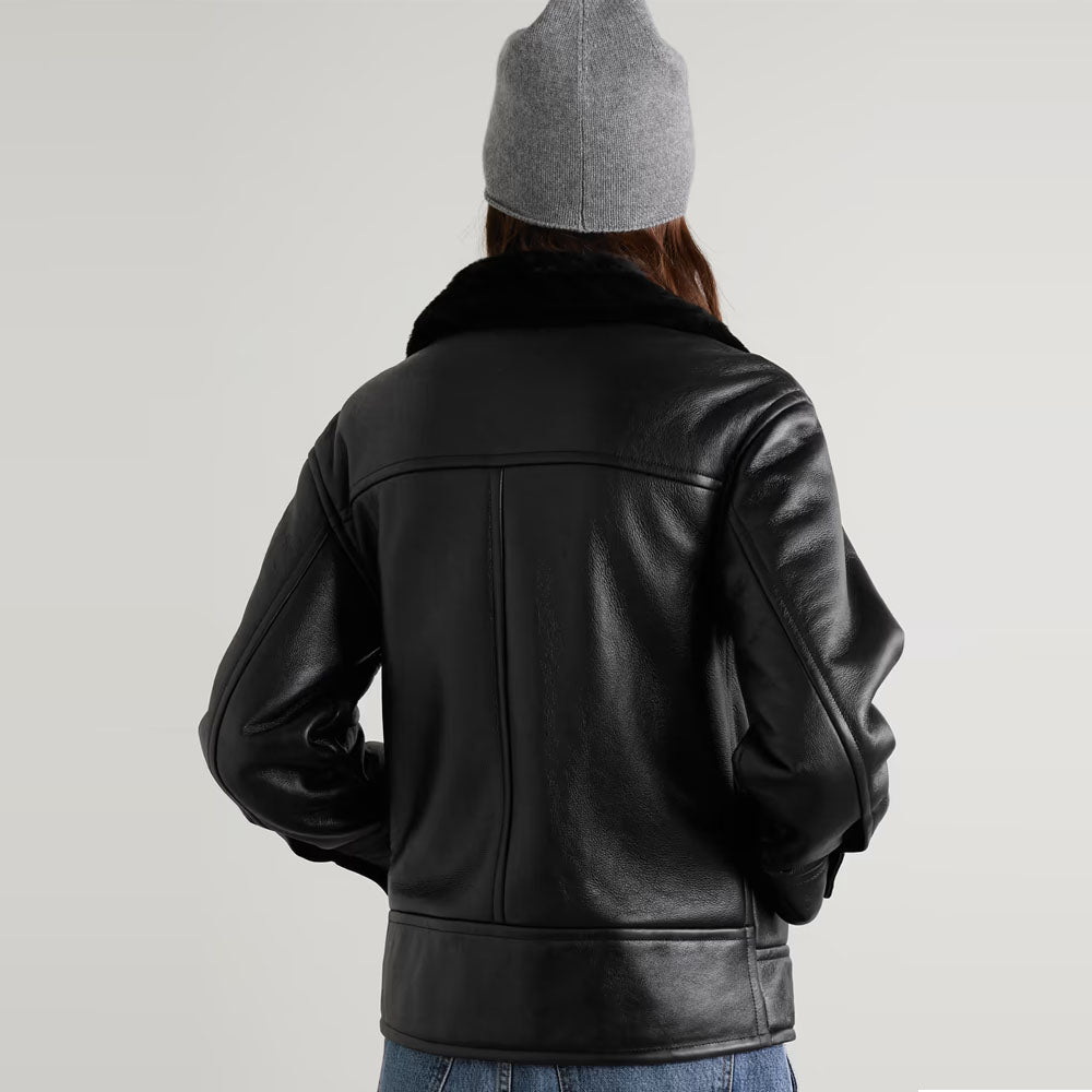 Women Black Sheepskin Aviator Airforce Shearling Leather Jacket