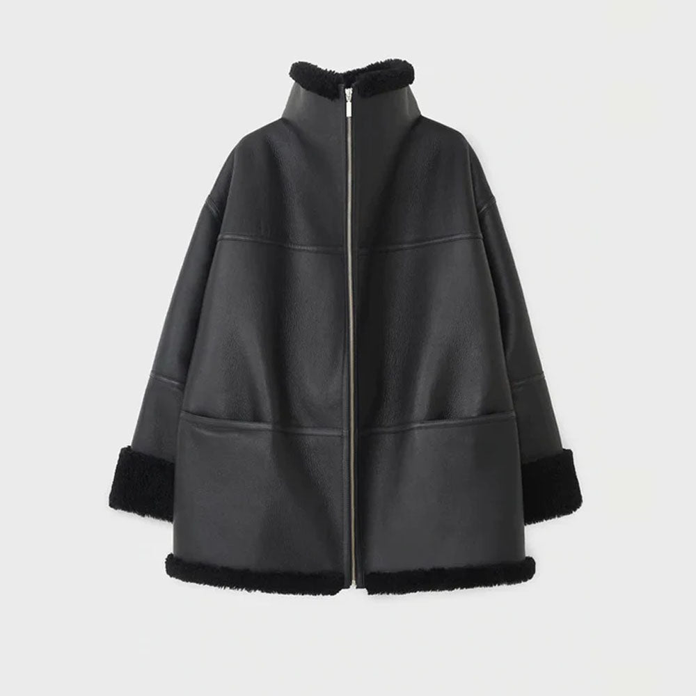 Women Black Aviator Fur Collar B3 Flight Sheepskin Shearling Leather Jacket