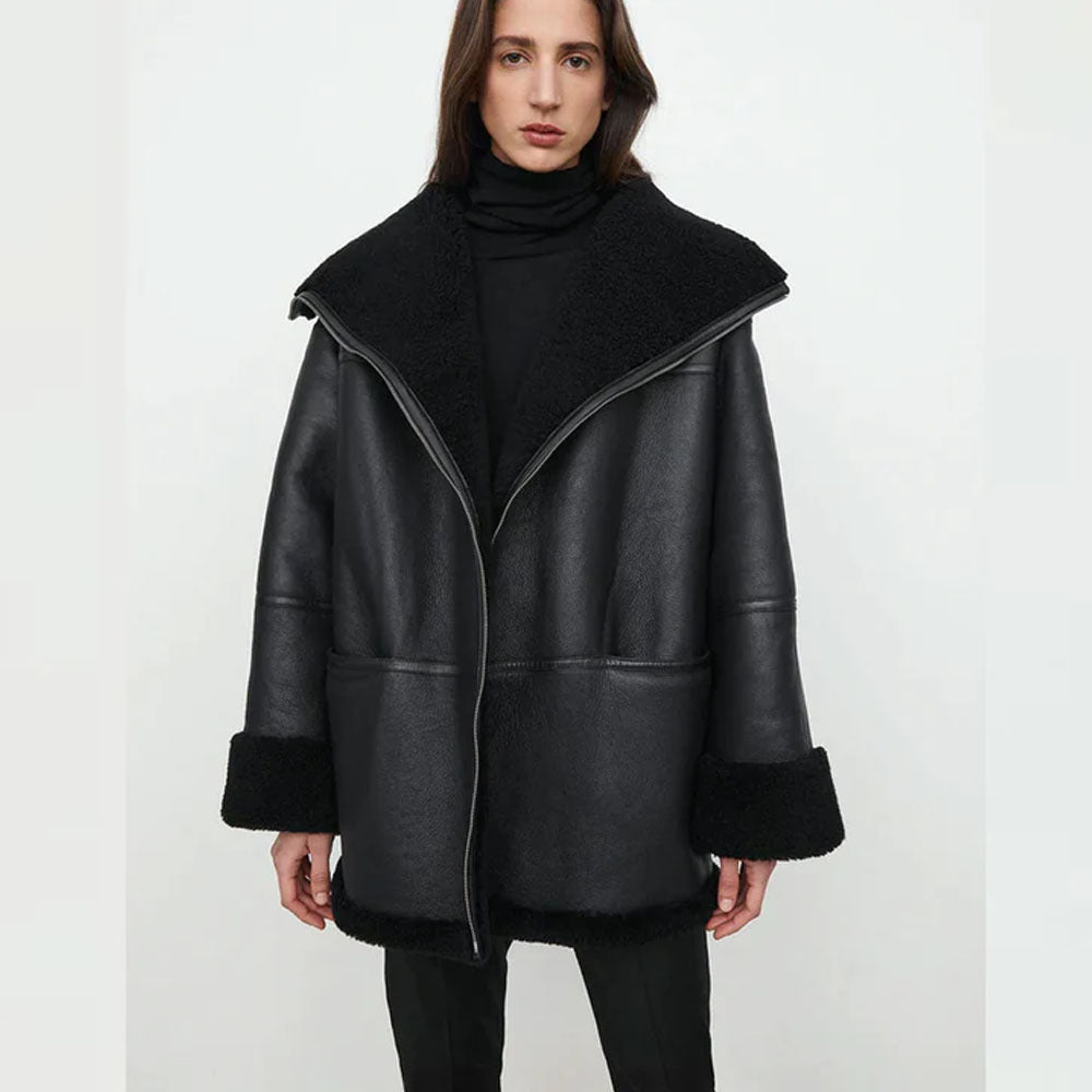Black Aviator Fur Collar B3 Flight Sheepskin RAF Shearling Leather Jacket