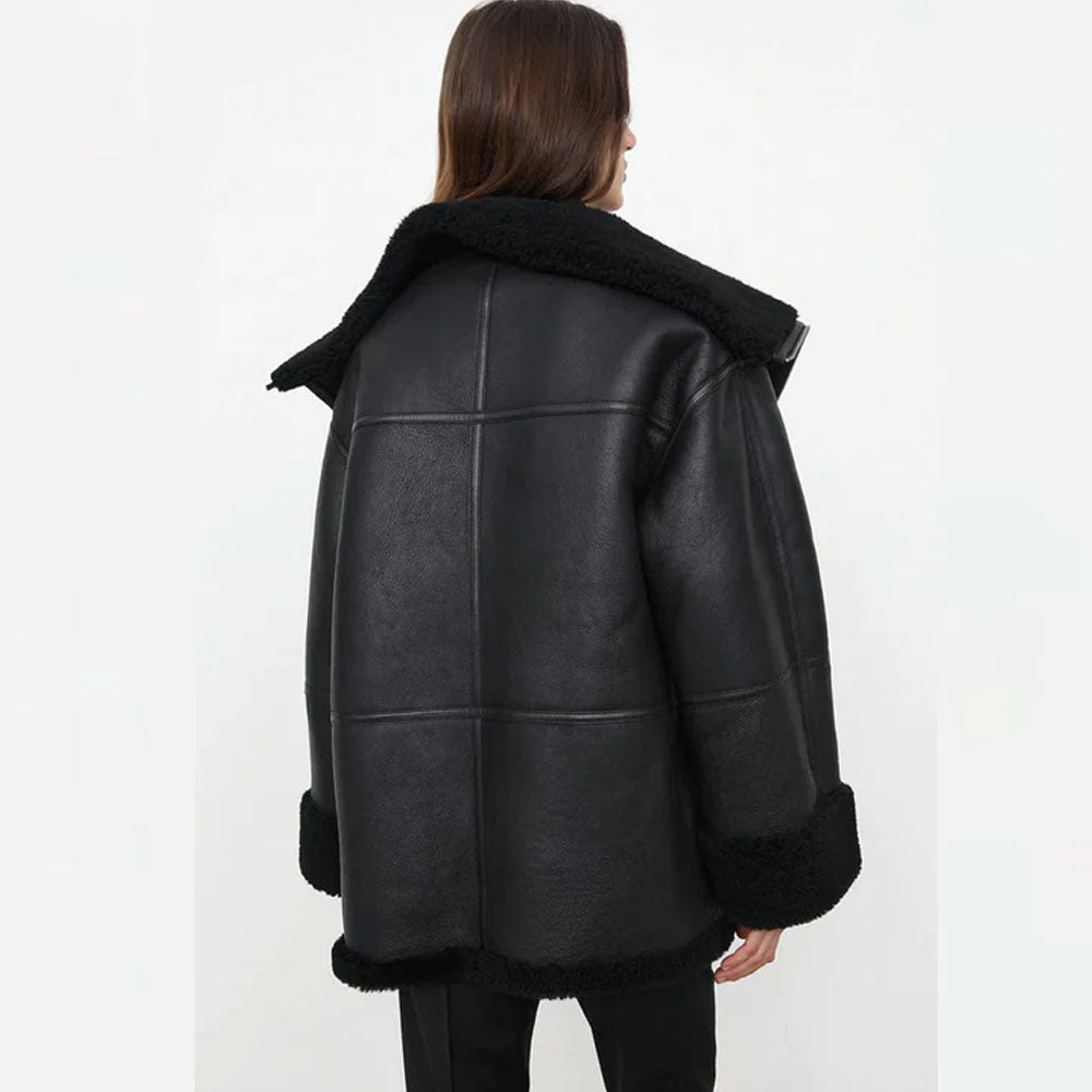 Women Aviator Fur Collar B3 Flight Sheepskin RAF Shearling Leather Jacket
