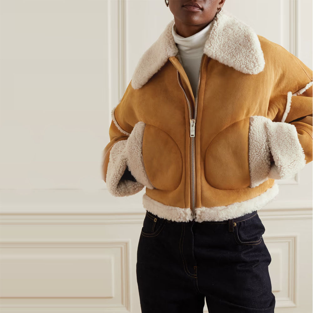 Women Brown Sheepskin B3 Flight Fur Shearling Leather Jacket