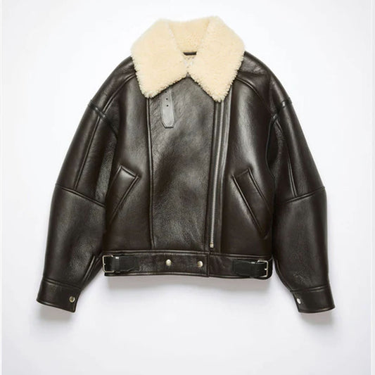 Women Dark Brown Aviator RAF Shearling Airforce Sheepskin Leather Jacket