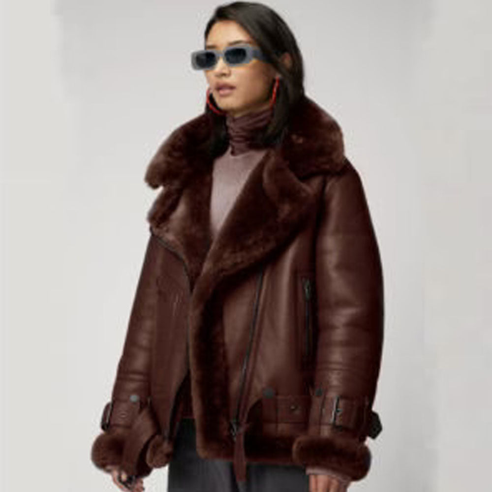 Women Brown B3 Shearling Aviator Sheepskin Leather Jacket