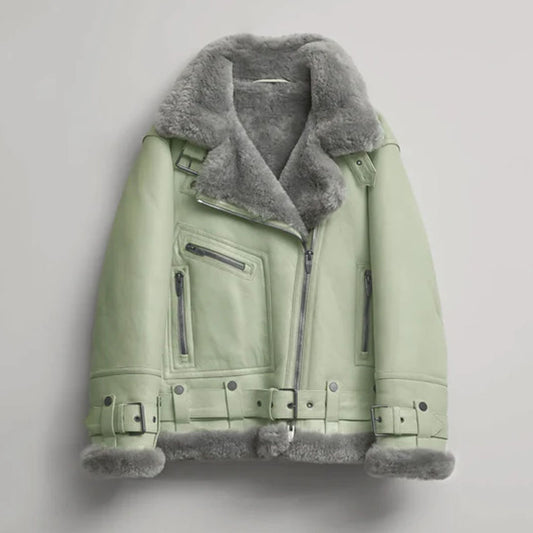 Green Women B3 Aviator Fur collar Sheepskin Styled Shearling Leather Jacket