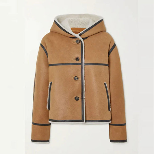 Women Brown Hooded Sheepskin B3 Flight Fur Shearling Leather Jacket