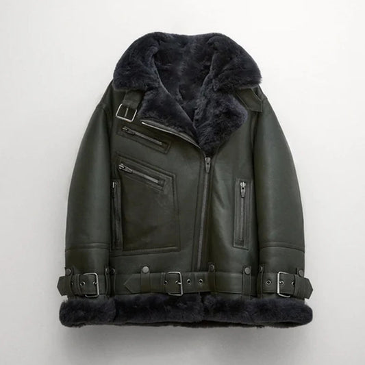 Women Green B3 Lambskin RAF Pilot Sheepskin Fur Shearling Leather Jacket