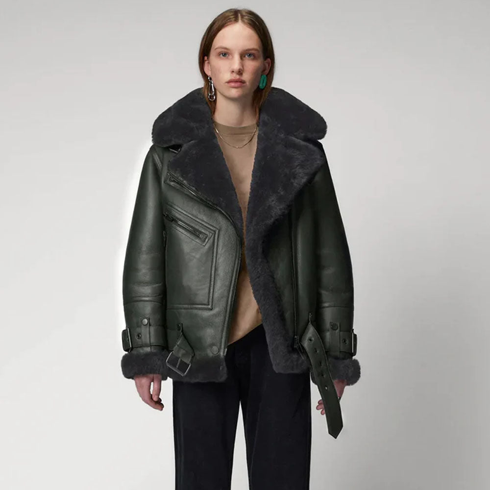 Green B3 Lambskin RAF Pilot Sheepskin Fur Shearling Leather Jacket