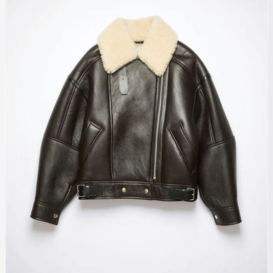 Dark Brown Women  Aviator Fur Flying Sheepskin RAF Shearling Leather Jacket