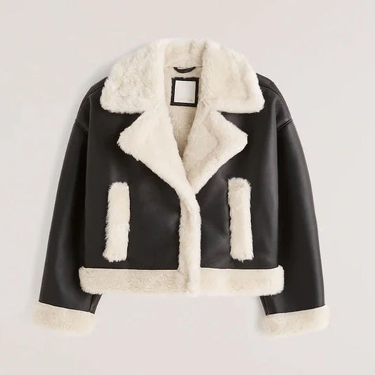 Women Black B3 Sheepskin Aviator Fur Collar Riding Shearling Leather Jacket