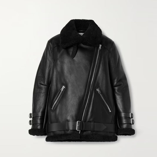 Women Black Aviator Fur Belted Sheepskin Flight Shearling Leather Jacket